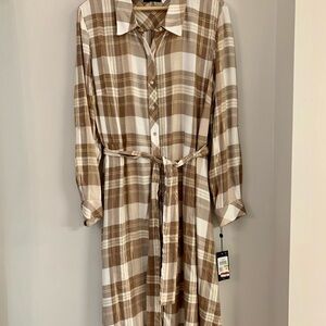 Tommy Hilfiger Brown, Cream and Gold Long Sleeve Midi Shirt Dress NWT Size 14